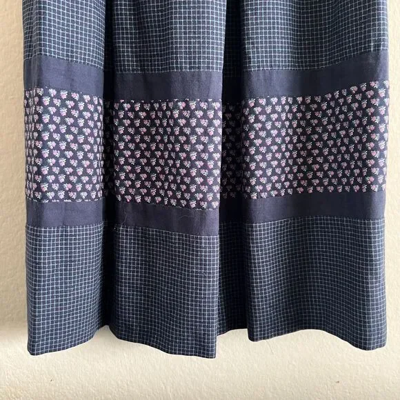 BETTY BARCLAY Vintage 70s Navy Blue Floral Grid A-Line Maxi Skirt Womens XS-S - Picture 5 of 6